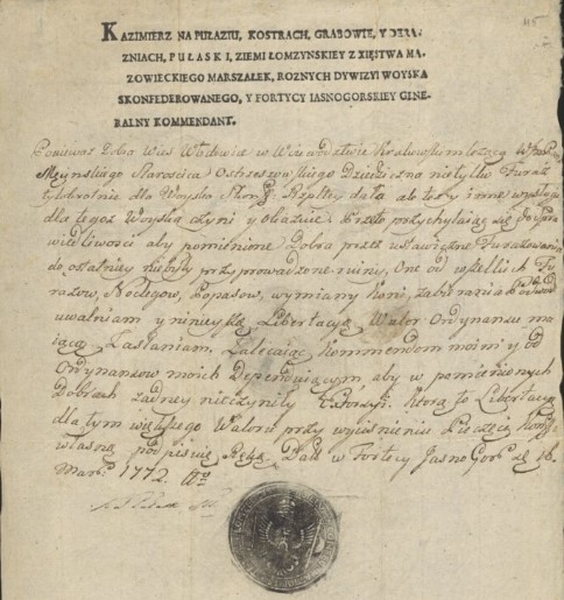 Dokument Pułaskiego uwalniajacy Włodowice od furażu, noclegu, itd, Jasna Góra, 1772 r._Easy-Resize.com.jpg