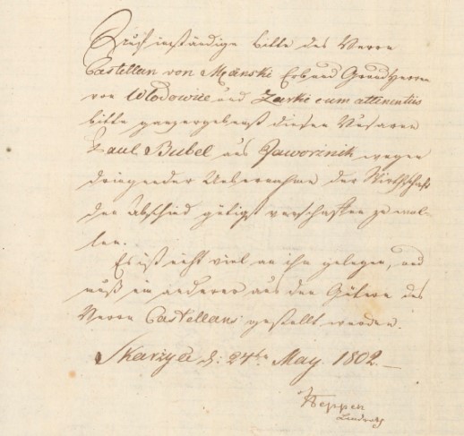 Korespondencja urzędowa hrabiego Męcińskiego z władzami pruskimi w sprawie uwolnienia poddanego od służby wojskowej, 1802 r., cz.3.jpg