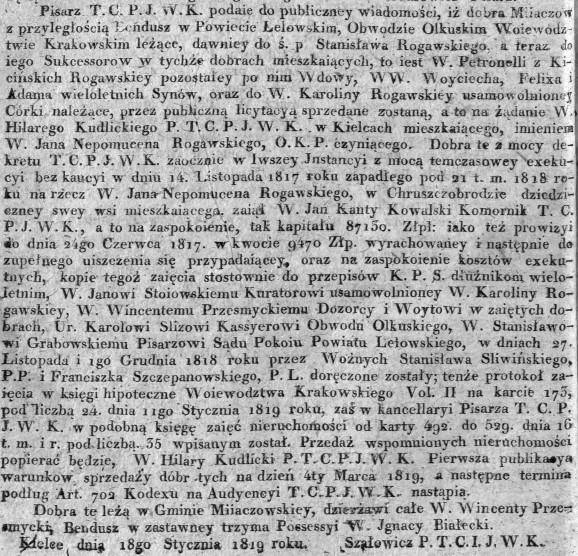 obwieszczenie o licytacji nieruchomości w Mijaczowie,Rogawscy, Dz.Rz.W.K.7, 1819 r..jpg