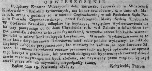 dzierżawa dóbr żurawsko- janowskich, Dz.U.W.K. 19, 1823 r..jpg