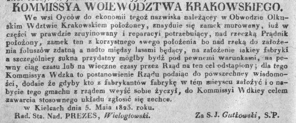 obwieszczenie, zamek w Ojcowie, Dz.U.W.K. 20, 1823 r..jpg