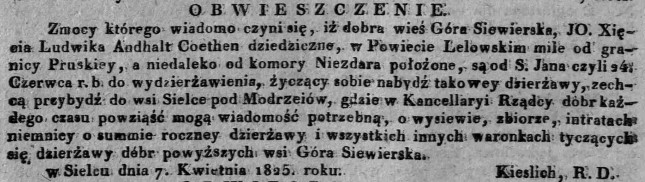 wydzierżawienie dóbr księcia Ludwiga von Anhalt-Köthen-Pleß, Dz.U.W.K. 17, 1825 r..jpg