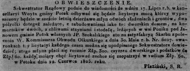 licytacja dzierżawy młyna w Poniku , Dz.U.W.K. 28, 1825 r..jpg
